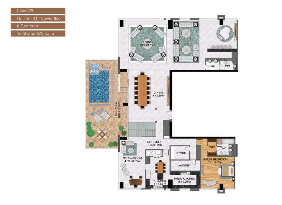 Level-68,Unit-no-1-Lower-Floor-,6-Bedroom-,Size-873-Sq m